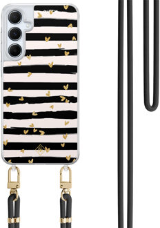 Casimoda Samsung Galaxy A55 hoesje met zwart koord - Hart streepjes Zwart, Goudkleurig