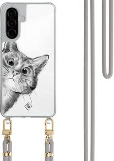 Casimoda Samsung Galaxy A56 hoesje met grijs koord - Peekaboo kat Grijs/zilverkleurig