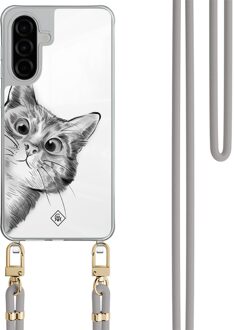 Casimoda Samsung Galaxy A57 hoesje met grijs koord - Peekaboo kat Grijs/zilverkleurig