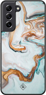 Casimoda Samsung Galaxy S21 FE hoesje - Marmer blauw goud Blauw, Goudkleurig