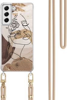 Casimoda Samsung Galaxy S21 FE hoesje met beige koord - Abstract gezicht bruin Bruin/beige
