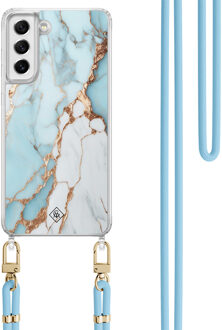 Casimoda Samsung Galaxy S21 FE hoesje met blauw koord - Marmer lichtblauw