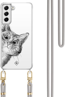 Casimoda Samsung Galaxy S21 FE hoesje met grijs koord - Peekaboo kat Grijs/zilverkleurig