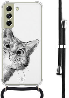 Casimoda Samsung Galaxy S21 FE hoesje met koord - Kiekeboe kat Wit