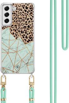 Casimoda Samsung Galaxy S21 FE hoesje met mint koord - Luipaard marmer mint