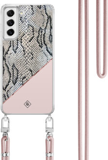 Casimoda Samsung Galaxy S21 FE hoesje met rosegoud koord - Snake print Roze