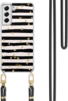Casimoda Samsung Galaxy S21 FE hoesje met zwart koord - Hart streepjes Zwart, Goudkleurig