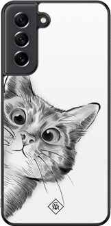 Casimoda Samsung Galaxy S21 FE hoesje - Peekaboo kat Wit, Grijs/zilverkleurig