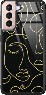 Casimoda Samsung Galaxy S21 glazen hardcase - Abstract faces Zwart, Goudkleurig
