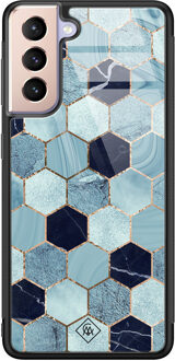 Casimoda Samsung Galaxy S21 glazen hardcase - Blue cubes Blauw