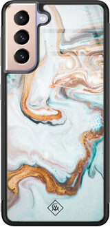 Casimoda Samsung Galaxy S21 glazen hardcase - Goud blauw marmer Blauw, Goudkleurig