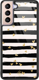 Casimoda Samsung Galaxy S21 glazen hardcase - Hart streepjes Zwart, Goudkleurig