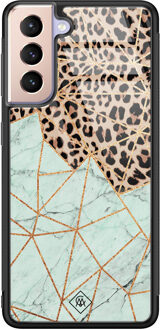 Casimoda Samsung Galaxy S21 glazen hardcase - Luipaard marmer mint Bruin/beige, Mint