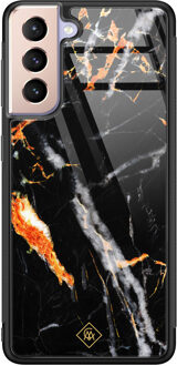 Casimoda Samsung Galaxy S21 glazen hardcase - Marmer zwart oranje Multi