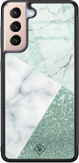Casimoda Samsung Galaxy S21 glazen hardcase - Minty marmer collage