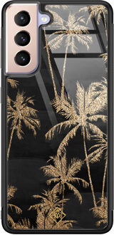 Casimoda Samsung Galaxy S21 glazen hardcase - Palmbomen Zwart, Goudkleurig