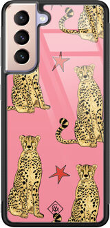 Casimoda Samsung Galaxy S21 glazen hardcase - The pink leopard Roze