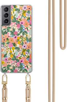 Casimoda Samsung Galaxy S21 hoesje met beige koord - Pink garden Roze
