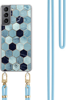 Casimoda Samsung Galaxy S21 hoesje met blauw koord - Blue cubes