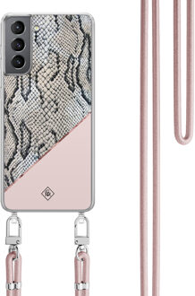 Casimoda Samsung Galaxy S21 hoesje met rosegoud koord - Snake print Roze