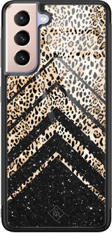 Casimoda Samsung Galaxy S21 Plus glazen hardcase - Chevron luipaard Zwart, Bruin/beige