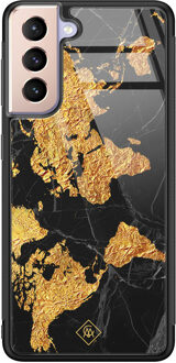 Casimoda Samsung Galaxy S21 Plus glazen hardcase - Wereldkaart Zwart, Goudkleurig