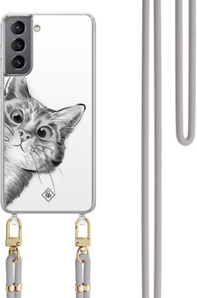 Casimoda Samsung Galaxy S21 Plus hoesje met grijs koord - Peekaboo kat Grijs/zilverkleurig