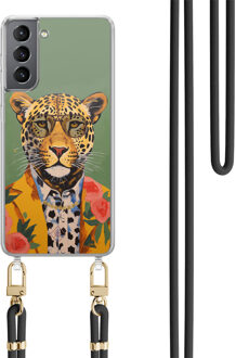 Casimoda Samsung Galaxy S21 Plus hoesje met zwart koord - Luipaard hipster Groen