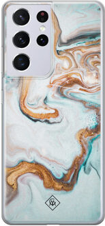 Casimoda Samsung Galaxy S21 Ultra siliconen hoesje - Marmer blauw goud Blauw, Goudkleurig
