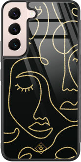 Casimoda Samsung Galaxy S22 glazen hardcase - Abstract faces Zwart, Goudkleurig