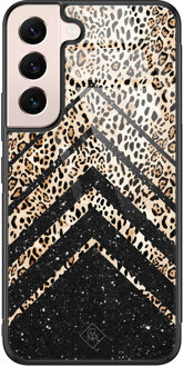 Casimoda Samsung Galaxy S22 glazen hardcase - Chevron luipaard Zwart, Bruin/beige