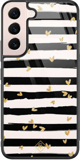 Casimoda Samsung Galaxy S22 glazen hardcase - Hart streepjes Zwart, Goudkleurig