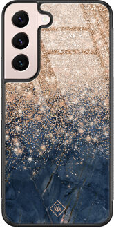 Casimoda Samsung Galaxy S22 glazen hardcase - Marmer blauw rosegoud Rosekleurig