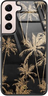 Casimoda Samsung Galaxy S22 glazen hardcase - Palmbomen Zwart, Goudkleurig