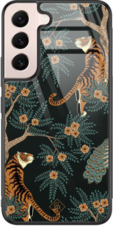 Casimoda Samsung Galaxy S22 glazen hardcase - Tijger jungle Bruin/beige