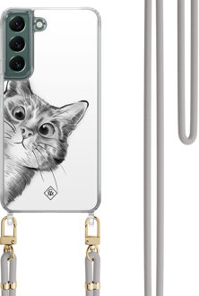 Casimoda Samsung Galaxy S22 hoesje met grijs koord - Peekaboo kat Grijs/zilverkleurig