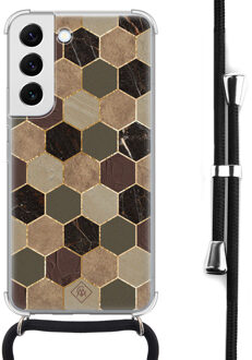 Casimoda Samsung Galaxy S22 hoesje met koord - Kubus groen bruin Bruin/beige