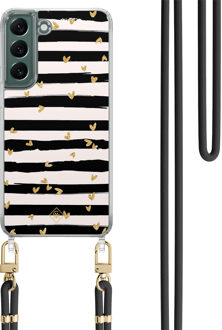 Casimoda Samsung Galaxy S22 hoesje met zwart koord - Hart streepjes Zwart, Goudkleurig