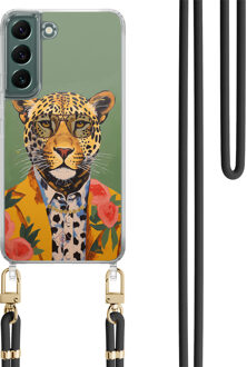Casimoda Samsung Galaxy S22 hoesje met zwart koord - Luipaard hipster Groen