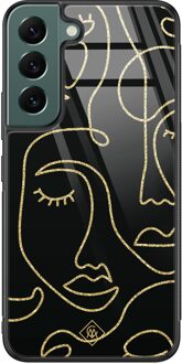 Casimoda Samsung Galaxy S22 Plus glazen hardcase - Abstract faces Zwart, Goudkleurig