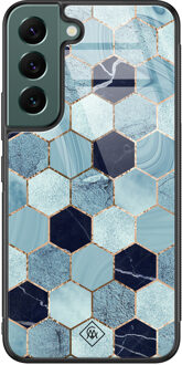 Casimoda Samsung Galaxy S22 Plus glazen hardcase - Blue cubes Blauw