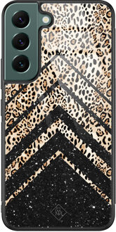 Casimoda Samsung Galaxy S22 Plus glazen hardcase - Chevron luipaard Zwart, Bruin/beige