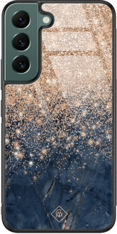 Casimoda Samsung Galaxy S22 Plus glazen hardcase - Marmer blauw rosegoud Rosekleurig