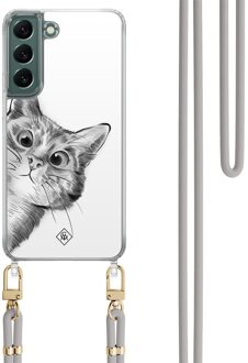 Casimoda Samsung Galaxy S22 Plus hoesje met grijs koord - Peekaboo kat Grijs/zilverkleurig