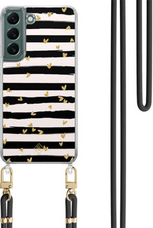Casimoda Samsung Galaxy S22 Plus hoesje met zwart koord - Hart streepjes Zwart, Goudkleurig