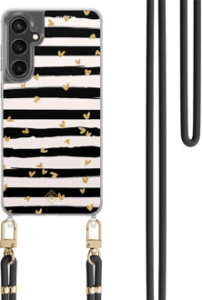 Casimoda Samsung Galaxy S23 FE hoesje met zwart koord - Hart streepjes Zwart, Goudkleurig