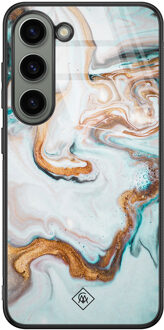 Casimoda Samsung Galaxy S23 glazen hardcase - Marmer blauw goud Blauw, Goudkleurig