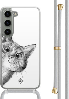 Casimoda Samsung Galaxy S23 hoesje met grijs koord - Peekaboo kat Grijs/zilverkleurig