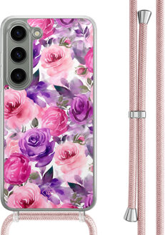 Casimoda Samsung Galaxy S23 hoesje met rosegoud koord - Rosy blooms Paars