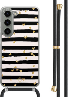 Casimoda Samsung Galaxy S23 hoesje met zwart koord - Hart streepjes Zwart, Goudkleurig